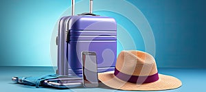 Purple large suitcase on wheels hat and smartphone on a blue background. The concept of future travel. Generated by And