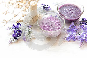 Purple Lavender aromatherapy Spa with salt and treatment for body. Thai Spa relax massage.