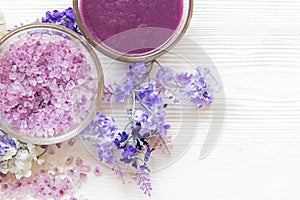 Purple Lavender aromatherapy Spa with salt and treatment for body. Thai Spa relax massage.