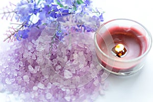 Purple Lavender aromatherapy Spa with salt and treatment for nail body. Thai Spa relax massage. Healthy Concept.