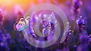 A purple lavender field teeming with colorful butterflies