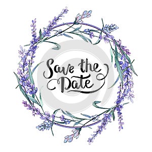 Purple lavender. Floral botanical flower. Save the date handwriting monogram calligraphy. Frame border ornament square.