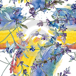Purple lavender floral botanical flower. Watercolor background illustration set. Seamless background pattern.