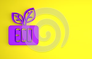 Purple Leaf Eco symbol icon isolated on yellow background. Banner, label, tag, logo, sticker for eco green. Minimalism