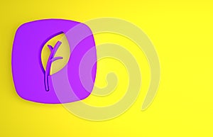 Purple Leaf Eco symbol icon isolated on yellow background. Banner, label, tag, logo, sticker for eco green. Minimalism