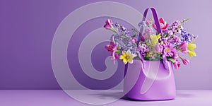 Purple leather bag full of colorful spring flowers on purple background with copy space