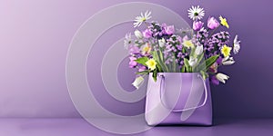 Purple leather bag full of colorful spring flowers on purple background with copy space