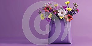 Purple leather bag full of colorful spring flowers on purple background with copy space