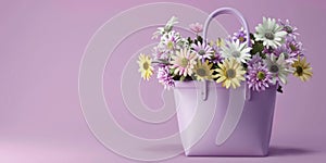 Purple leather bag full of colorful spring flowers on purple background with copy space