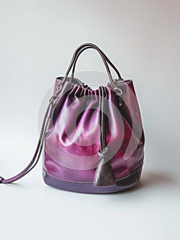 Purple leather female handbag on white background.