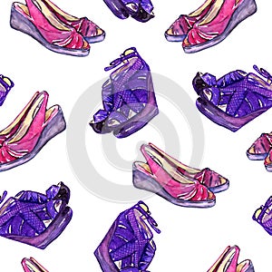 Purple leather wedge shoes and red slingbacks shoes, seamless pattern on white background photo