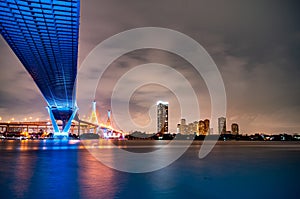 Purple led light under the bridge over the river On a cloudy day in the sky. Bhumibol Bridge, Samut Prakan, Thailand