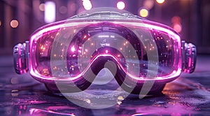 A purple led VR goggles, in the style of realistic hyper-detailed rendering, futuristic minimalism, rounded, realistic photo