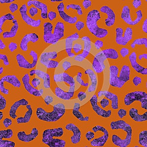 Purple leopard spot texture on orange seamless pattern