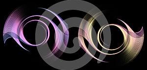 Purple and light yellow wavy, spiral elements form round frames on a black background. Set. Icon, logo, symbol, sign. 3d rendering