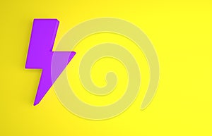 Purple Lightning bolt icon isolated on yellow background. Flash sign. Charge flash icon. Thunder bolt. Lighting strike