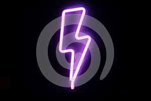 Purple lightning bolt mounted neon signs. High-voltage neon symbol, light banner design element colorful modern design