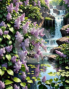 Purple Lilac Bushes With Waterfalls