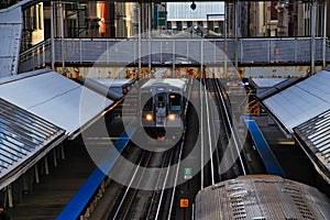 Purple line Chicago el train entering station at Adams and Wabash in the downtown Loop. photo