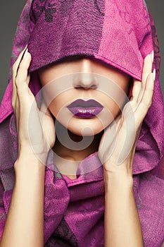 Purple lips make-up girl.fashion beauty portrait