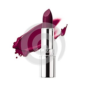 Purple lipstick and sample texture isolated on white background, beauty make-up cosmetics and luxury makeup product, generative ai