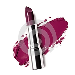 Purple lipstick and sample texture isolated on white background, beauty make-up cosmetics and luxury makeup product, generative ai