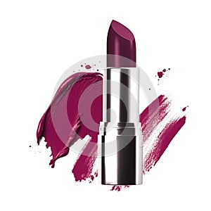 Purple lipstick and sample texture isolated on white background, beauty make-up cosmetics and luxury makeup product, generative ai