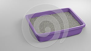 Purple litter box side angle with cat litter.