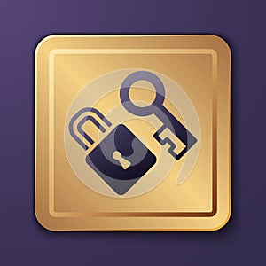 Purple Lock with key icon isolated on purple background. Love symbol and keyhole sign. Gold square button. Vector