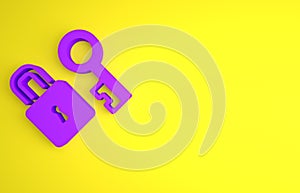 Purple Lock with key icon isolated on yellow background. Love symbol and keyhole sign. Minimalism concept. 3D render