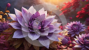 purple lotus flower blooming in the garden at sunset.