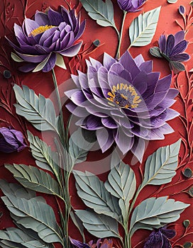 Purple lotus flowers and leaves on red background, top view