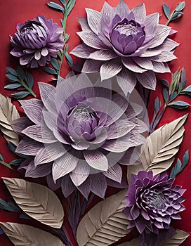 Purple lotus flowers and leaves on red background, top view