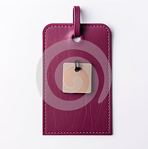 A purple luggage tag with a leather tag attached to it isolated on white.