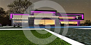 Purple luminous design elements of the suburban mansion constructed in minimalist style. Illuminated borders of the granite stone