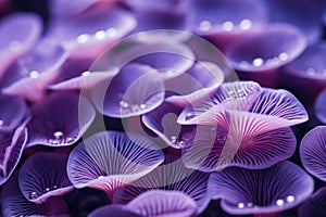 Purple macro mushrooms water drops. Generate Ai