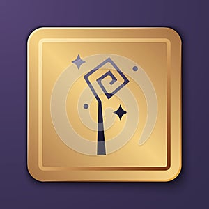Purple Magic staff icon isolated on purple background. Magic wand, scepter, stick, rod. Gold square button. Vector