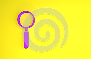 Purple Magnifying glass icon isolated on yellow background. Search, focus, zoom, business symbol. Minimalism concept. 3d