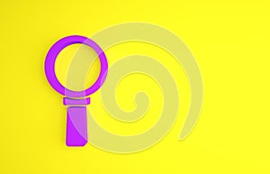 Purple Magnifying glass icon isolated on yellow background. Search, focus, zoom, business symbol. Minimalism concept. 3d