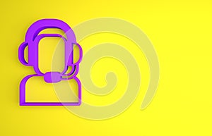 Purple Man with a headset icon isolated on yellow background. Support operator in touch. Concept for call center, client