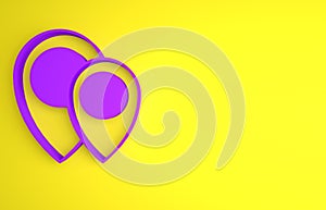 Purple Map pin icon isolated on yellow background. Navigation, pointer, location, map, gps, direction, place concept