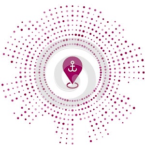 Purple Map pointer with anchor icon isolated on white background. Abstract circle random dots. Vector