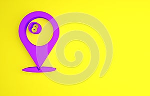 Purple Map pointer with billiard pool snooker ball with number 8 icon isolated on yellow background. Minimalism concept