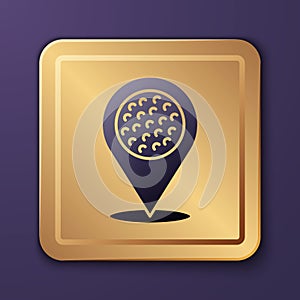 Purple Map pointer with golf sport club icon isolated on purple background. Gold square button. Vector
