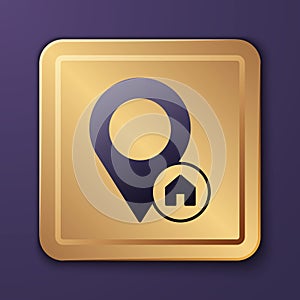 Purple Map pointer with house icon isolated on purple background. Home location marker symbol. Gold square button