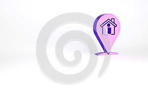 Purple Map pointer with house icon isolated on white background. Home location marker symbol. Minimalism concept. 3d