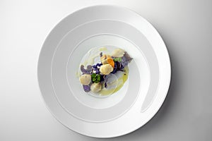 Purple mashed potatoes and scallops