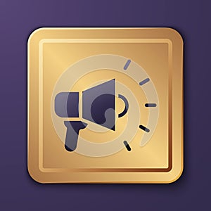 Purple Megaphone icon isolated on purple background. Speaker sign. Gold square button. Vector