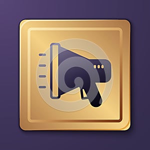 Purple Megaphone icon isolated on purple background. Speaker sign. Gold square button. Vector