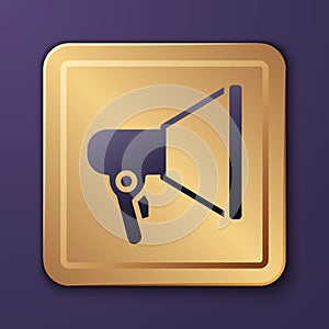 Purple Megaphone icon isolated on purple background. Speaker sign. Gold square button. Vector